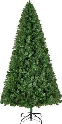 A full shot of an artificial Christmas tree on a white background.