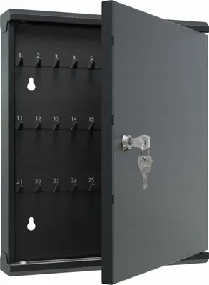 A gray metal key cabinet with its door open, revealing numbered hooks for keys. A key is in the lock.