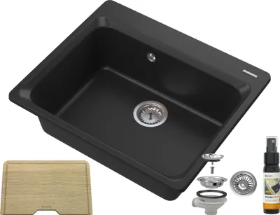 Produktbild von Granitan - Granitspüle - Küchenspüle - 62x52 cm - Schwarz - mit Siphon und Schneidebrett - Spülbecken - ZANTE