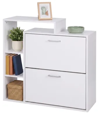 Produktbild von Relaxdays Schuhschrank, HxBxT: 90 x 80 x 23,5 cm, 2 Klappen, für 12 Paar, offene Ablagen, schmaler Schuhkipper, weiß