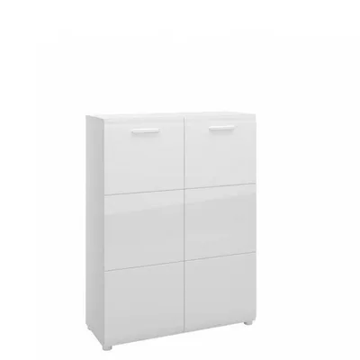 A white shoe cabinet with six compartments, presented against a white background.