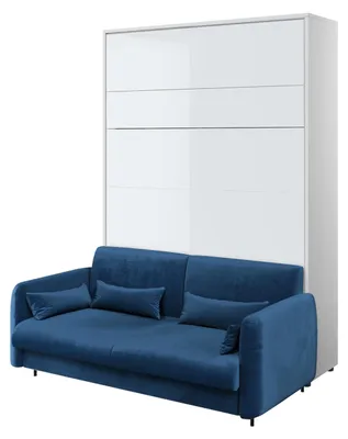 Produktbild von MEBLINI Schrankbett mit Sofa Bed Concept - Wandbett mit Lattenrost - Klappbett mit Schrank - Wandklappbett - Murphy Bed - BC-01 - 140x200cm Vertikal - Weiß Hochglanz/Blau