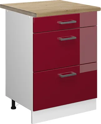 Produktbild von Küchenunterschrank Vicco R-Line Rot Hochglanz 60 cm mit Schubladen, AP Eiche, Model 46504