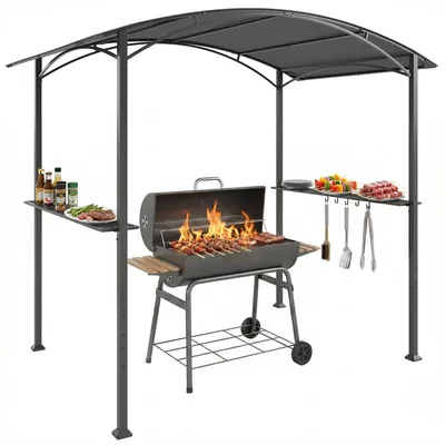 Produktbild von Grillpavillon, 2,4 x 1,5 m, Pergola-Gartenpavillon mit 2 Seitenablagen und Haken, Dunkelgrau