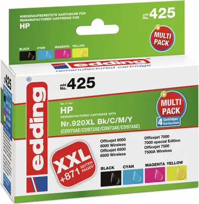 The image shows the retail packaging of an Edding 425 multipack of HP 920XL remanufactured ink cartridges.