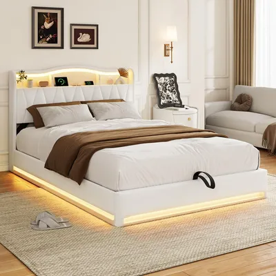 Zdjęcie produktu dla Łóżko tapicerowane 160x200 cm z hydraulicznym podnośnikiem, pojemnikiem na pościel, oświetleniem LED, 2 portami USB-C i jednym portem USB, stelażem pod materac, w kolorze beżowym, bez materaca