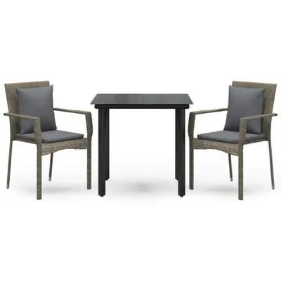 Immagine prodotto di set da pranzo da giardino 3 pezzi con cuscini in poly rattan nero e grigio