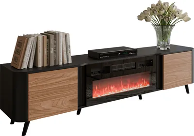 Produktbild von MIRJAN24 TV-Lowboard Volare 200 EF mit Kamin, TV-Schrank, Modernschrank, Stehend, Schrank mit zwei Drehtüren, Wohznimmer Kollektion (Farbe: Schwarz / Nuss