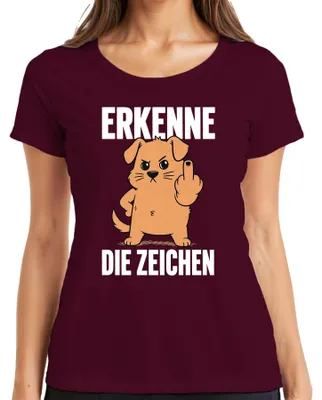 Productafbeelding van T-shirt voor dames, kleur bordeauxrood, maat XL, met een opdruk van een hond die een middelvinger omhoog steekt. Het ontwerp bevat elementen van sarcasme en ironie