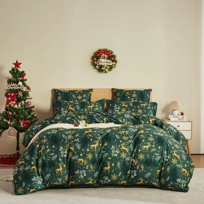 Productafbeelding van Kerstbeddengoedset, 135x200 cm, 4-delig, groen, kerstrendier, microvezel. Inclusief 2 kussenslopen van 80x80 cm