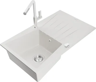 Produktbild von Mexen Cesar 1 Becken-Granitspüle mit Abtropffläche und Mischbatterie Flora, Weiß - 6514-20-670401-02