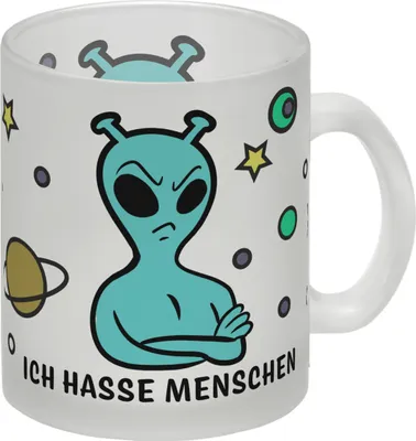 Produktbild von Glas Tasse mit lustigem Comic Alien Motiv - Ich hasse Menschen