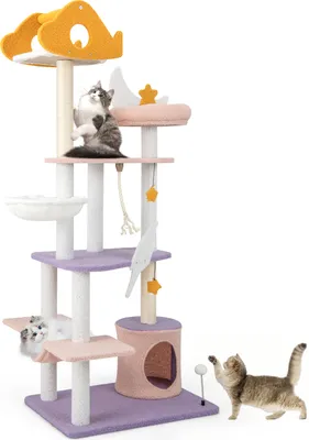 Produktbild von GOPLUS 167 cm Kratzbaum, mehrstufiger Katzenbaum mit Sisalkratzpfosten, flugzeugförmige Plattform, Katzenspielzeugzubehör, gebogener Hängematte, Katzenkratzbaum Kletterbaum für drinnen