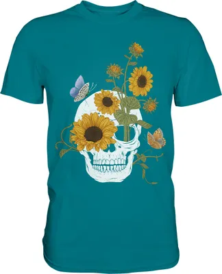 Produktbild von Totenkopf Sonnenblumen Shirt Gärtner Schmetterling Garten Motiv – Diva Blue / XXL