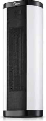 A white and black Midea ceramic heater is shown against a white background.