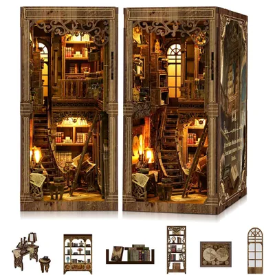 Image de DIY Book Nook Kit, Kit maison de poupées miniature DIY avec meubles et lumière LED, 3D Puzzle serre-livres en bois, kits de modèles pour adultes enfants