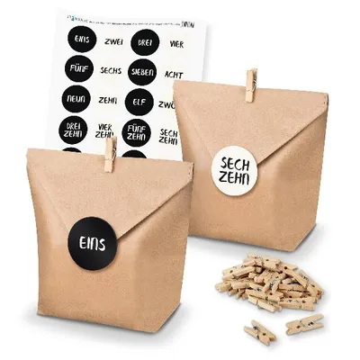 Produktbild von Adventskalender Set 23 Geschenktüten + Klammern + Sticker