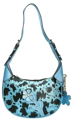 Produktbild von Laura Vita Damen Schultertasche mit Kuhflecken-Muster und Blüte Alba 02, Farbe:Blau