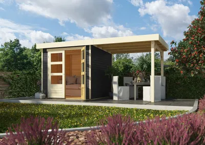 Produktbild von Karibu Gartenhaus Gerätehaus Askola 2 im Set mit Anbaudach 2,40 m Breite terragrau 433x217x211 cm