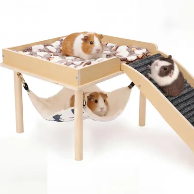 Produktbild von Holz-Meerschweinchenhaus mit Rampe und Hängematte - Spielzeug für kleine Tiere