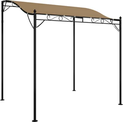 A black metal frame pergola with a taupe fabric canopy, shown against a white background.