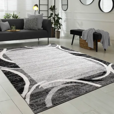 Produktbild von Wohnzimmer Teppich Designer Bordüre Meliert Grau Schwarz Creme Preishammer Grösse 160x220 cm