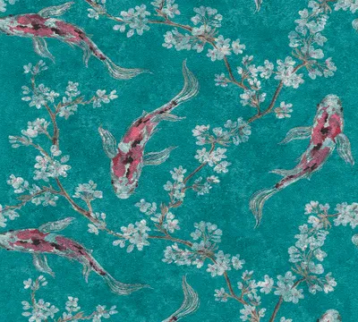 Produktbild von A.S. Création asiatische Tapete mit Kois Asian Fusion Vliestapete blau grün rot 10,05 m x 0,53 m