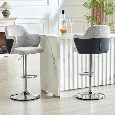 Imagen del producto de Juego de 2 taburetes para bar, ajustables, con reposabrazos, giratorios 360°, acolchados, para bar/restaurante (GRIS CLARO)