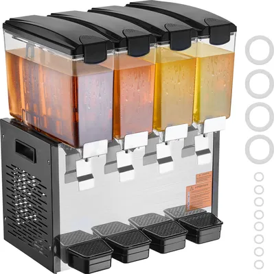 Produktbild von SucceBuy Kommerzieller Getränkespender, 4 Tanks à 10 l, 430 W Edelstahl-Eistee-Getränkeautomat mit 7–12 °C Kühltemperatur, für Kaltgetränke, Restaurant, Bar, Party
