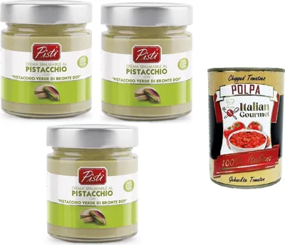 Produktbild von Pistì Crema Spalmabile al Pistacchio con "Pistacchio Verde di Bronte Dop" Pistazien-Aufstrichcreme mit „Grünen Pistazien von Bronte Dop“ 3x200gr + Italian Gourmet polpa 400g