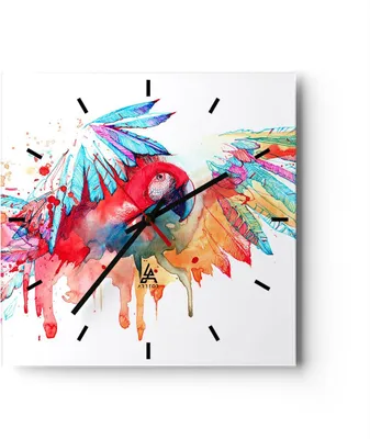 Produktbild von Wanduhr - Quadrat - Glasuhr - Natur Malerei Papagei Kinder - 30x30cm - Schleichendes Uhrwerk - Lautlos - zum Aufhängen bereit - Dekoration Modern - Wanddekoration aus Glas - C3AC30x30-3094