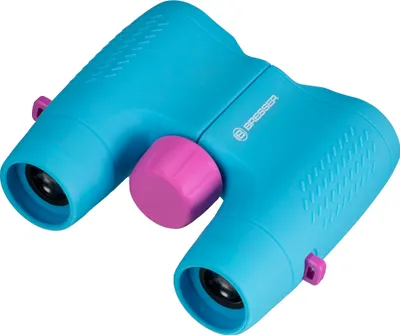A pair of blue and violet children's binoculars is shown against a white background.