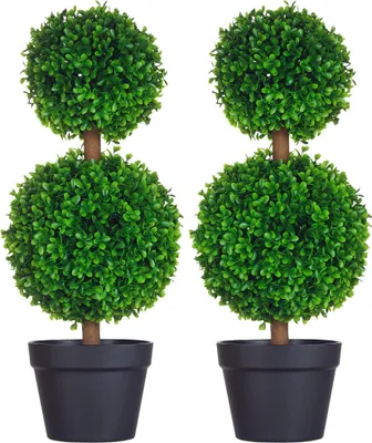 Produktbild von HOMCOM Künstliche Pflanzen 2er-Set Buchsbaum 60 cm Kunstpflanze mit Doppel-Kugel