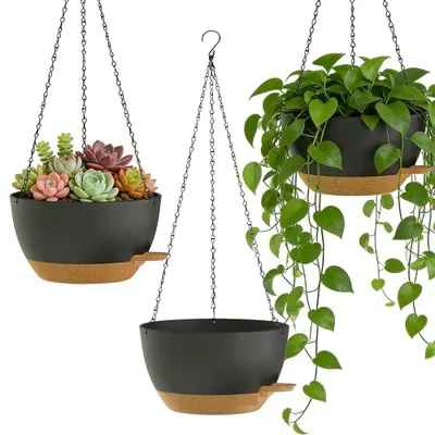 Produktbild von Set von 3 Hängenden Blumentöpfen mit Selbstbewässerungssystem, 25 cm, Schwarz