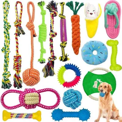 Produktbild von Unyqoos® 17-teiliges Hundespielzeug-Set – sicheres, ungiftiges Baumwollseil-Kauspielzeug für Welpen & kleine Hunde, buntes Set mit Quietsch- und Beißspielzeug