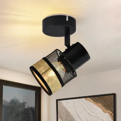 Produktbild von ZMH Deckenstrahler 1 Flammig Schwarz Deckenspot Flur Metall Vintage E27 330° Max.25W LED Deckenlampe mit Gold Stoffschirm für Wohnzimmer Küche