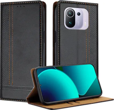 Produktbild von Handyhülle für Xiaomi 11 Pro Leder Flip Klappbare Schutzhülle mit Standfunktion Schwarz