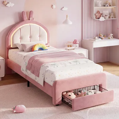 Image de Lit bébé UnboxG 90x200 cm avec tiroir, tête de lit en forme d'oreilles de lapin, éclairage LED, tête de lit réglable en hauteur, revêtement en velours, rose