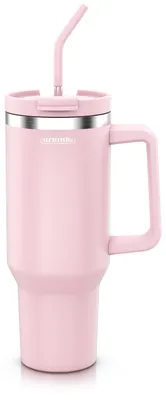 Produktbild von Arendo Thermal Mug Isolierbecher 1200 ml aus Edelstahl mit Henkel und Trinkhalm, doppelwandig, hält 6 Stunden warm und 12 Stunden kalt, Thermobecher, 1 Stück, pastellrosa