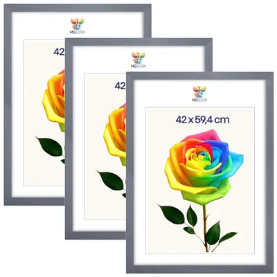 Produktbild von MG Design 3er Set Bilderrahmen Grau A2 42x59,4 cm - Posterrahmen Echtholz mit Acrylglas, stabile Wandaufhängung, hoch/quer