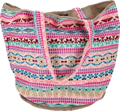 Produktbild von Handgefertigte Boho Shopper Tragetasche, Strandtasche, Einkaufstasche - Pink/bunt, Uni - Erwachsene, Baumwolle, 40*45*30 cm, Bunter Stoffbeutel
