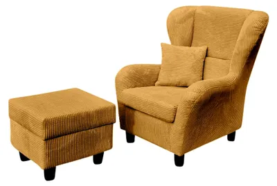 Produktbild von Bequemer Ohrensessel mit Hocker im Landhaus-Stil, B90/H98/T76 cm, hoher Sitzkomfort durch Wellenunterfederung, moderner Lesesessel mit Holzfüßen und Zierkissen, Cord in Gold Ockergelb