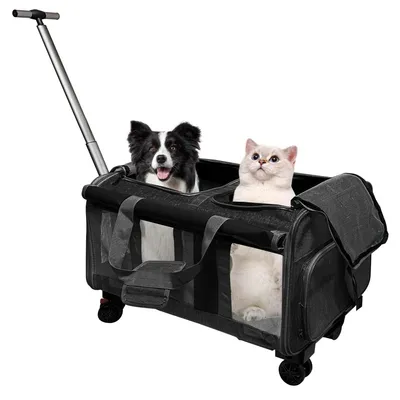Image de Sac de transport pliable pour 2 animaux de compagnie - 2 compartiments - 4 roues - Poignée télescopique - Capacité de charge : 20 kg - Transport d'animaux