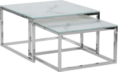Produktbild von BELIANI Couchtisch 2er Set Weiß mit Silber Glastischplatte Metallbeinen Poliert Marmor Optik Glänzend Minimalistisch Quadratisch Modern