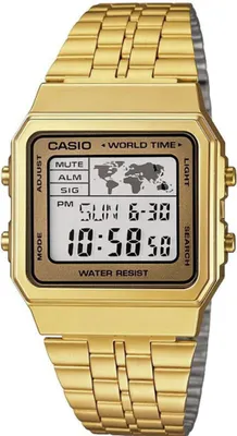 A close-up studio shot of a gold Casio Vintage digital watch.