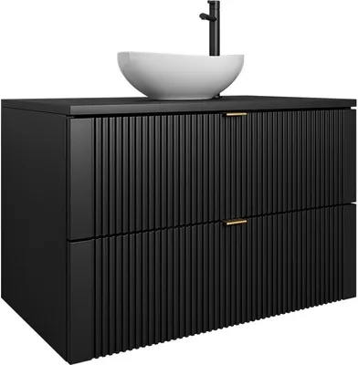 Produktbild von Easy4You Unterschrank DAKI 80 cm Schwarz mit Goldgriffe Hängeschrank Badschrank Badezimmerschrank mit 2 Schubladen - Geriffelte Front