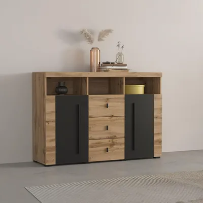 Obrázek produktu pro Komoda se šuplíky a dvířky DEIDRE - dub wotan / černá