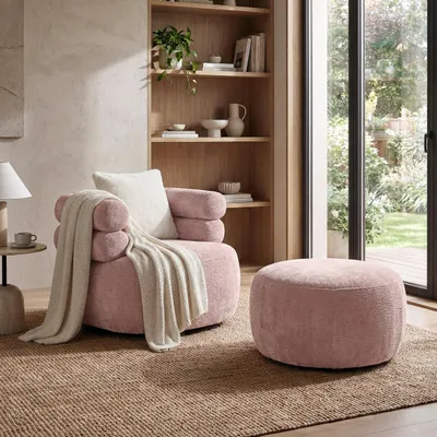 Produktbild von Drehsessel-Set NANO Rosa – Drehsessel 360° mit runder Form mit Hocker, Relaxsessel, Lesesessel, Sitzhocker, Fußhocker und Zierkissen