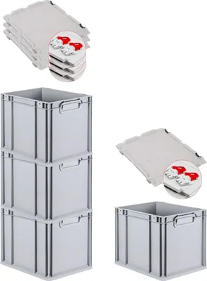 Produktbild von SuperSparSet 4x Eurobox NextGen Economy mit Scharnierdeckel und roten Schiebeschnappverschlüssen | Griffe geschlossen | HxBxT 32x30x40cm | 30 Liter | Eurobehälter, Transportbox, Transportbehälter, Stapelbehälter