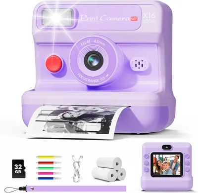 Produktbild von Kinderkamera Sofortbildkamera, 1080P HD Sofortbildkamera Kinder mit 32 GB Karte und 3 Papierrollen, Kinderspielzeug mit Zwei Objektiven